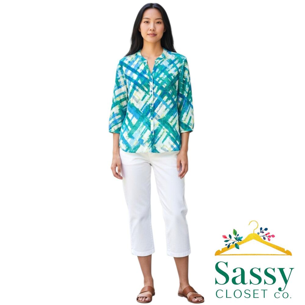 Alia Blue Green Plaid Blouse 12 3/4 Sleeve High Low Split Neck Crinkle Top